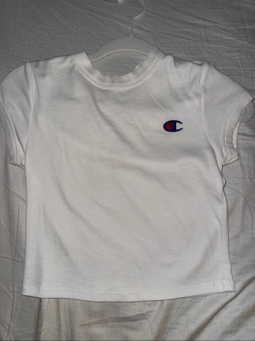 Champion White Short Sleeve Tee with Blue & Red Logo